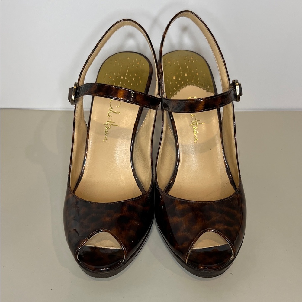 Cole Haan Brown Tortoise Pattern Peep Toe Heels